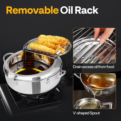 Japanese Style Deep Fryer Pot Stainless Steel with Tong Thermometer Oil Drainer